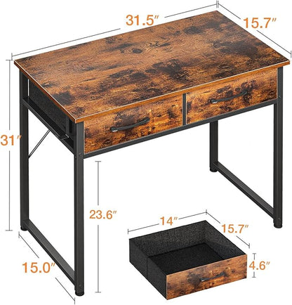 Casaottima 32 Inch Small Office Computer Desk with 2 Drawers & Headphone Hook - Compact Writing Desk for Home Office, Study or Work, Modern Space-Saving Design for Small Spaces, Pure Vintage