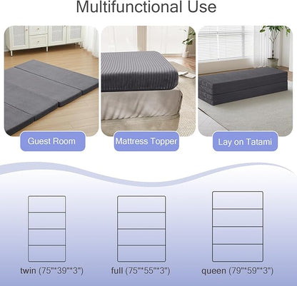MeMoreCool Folding Foam Futon Mattress Full, Foldable Japanese Floor Mattress, Sleeping Mat Pad for Adults Guests Sleepovers, 3 in Thick Tatami Mat Portable Shikibuton, Dark Grey