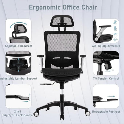 COLAMY Executive Mesh Office Chair with Footrest, Ergonomic Chair High Back with Adjustable Lumbar Support, Computer Desk Chair for Office/Work-Black