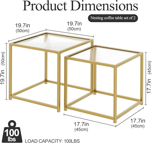 VILAWLENCE Coffee Table Set of 2, Modern Gold Patterned Glass Side Table, Metal Frame Square End Table, Center Tables Nesting Coffee Table for Living Room,Bedroom and Small Spaces