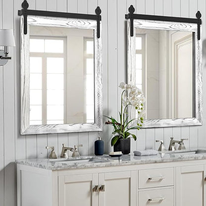 YOSHOOT Farmhouse Barn Door Mirror, 40"x30" Rustic Wood Framed Wall Mirror, Wall Mounted Vintage Mirror, Wooden Farmhouse Style for Bathroom Living Room Entryway, White, Vertical Hanging ONLY