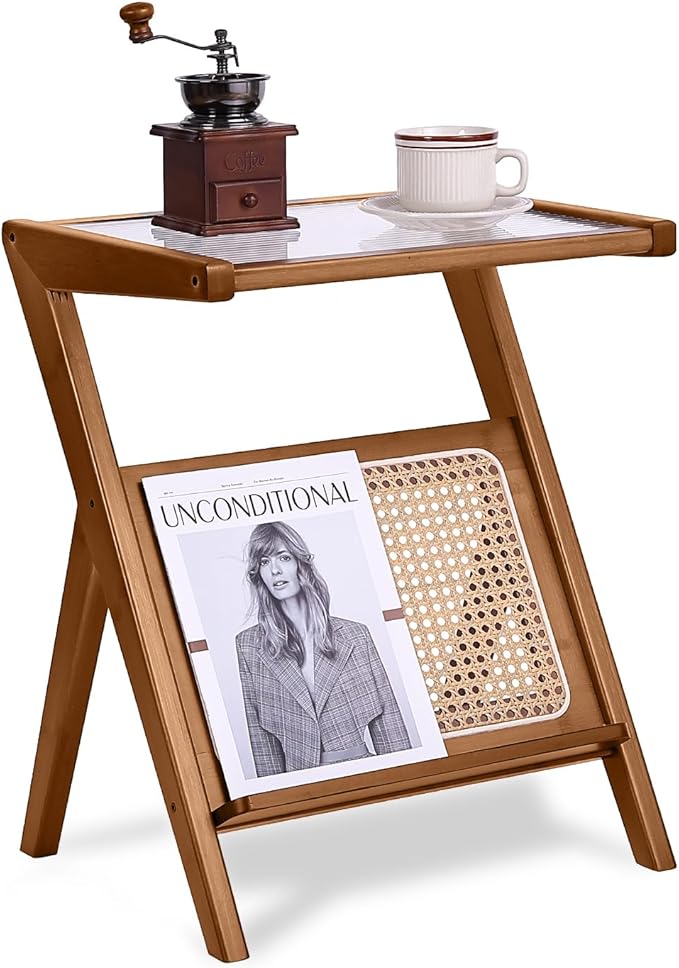 Tiita Rattan Side Table, Mid Century Nightstand, Bamboo Accent Bedside Tables, Glass Coffee Tables, Boho Wooden End Table with Storage for Small Space, Living Room and Bedroom