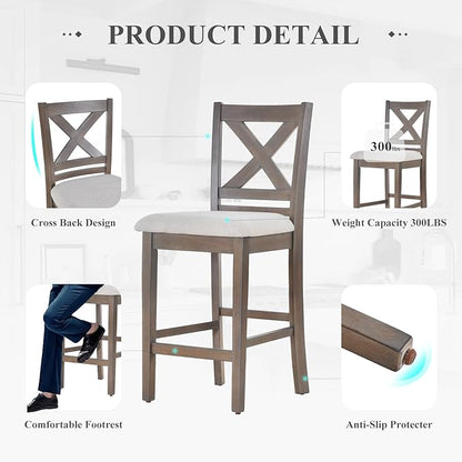 Upholstered Counter Height Bar Stools Set of 4, Modern Kitchen Island Barstools Chairs with Cross Back and Wood Legs for Dining Room Bar, Light Brown Wash