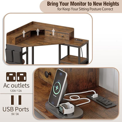 Corner Desk with 6 Fabric Drawers Shelves for Small Space Computer Desk with Power Outlets,Gaming Desk with Printer Monitor Stand Storage for Home Office Workstation Writing Table Brown