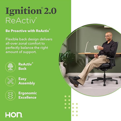 HON Ignition 2.0 ReActiv Ergonomic Office Chair, Synchro-Tilt Recline, Breathable Flex Back, Swivel Wheels, Comfortable Desk Chair for Long Hours, Blue