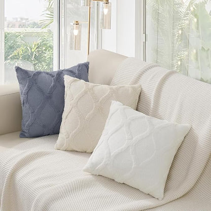 decorUhome Throw Pillow Covers 16x16 Inch Set of 2, Soft Plush Faux Fur Wool Cream White Couch Pillow Covers, Decorative Neutral Pillow Cases for Bed Sofa Living Room Home Decor