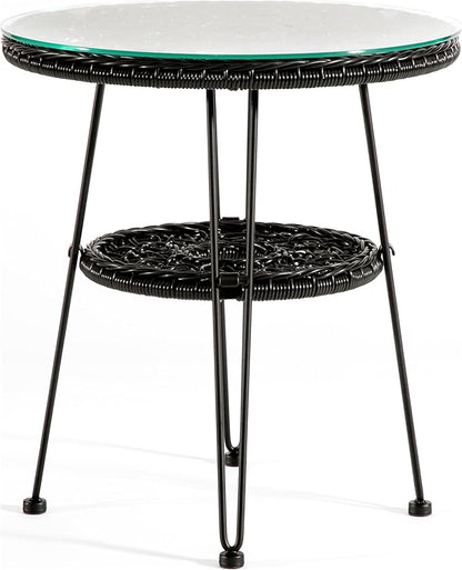 Muse & Lounge Co. Ysar Boho 19-inch Round Coffee Table Outdoor with Tempered Glass Top and Metal Frame, Handcrafted Coastal Furniture for Patio, Poolside, Garden, Yard, Black