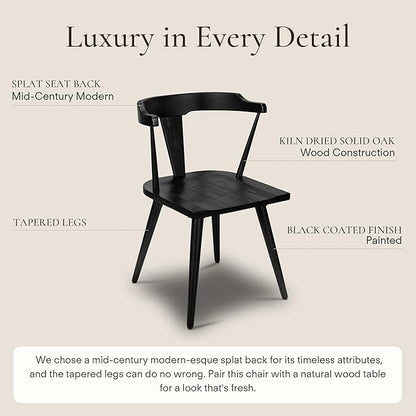 POLY & BARK Mid Century Modern Enzo Black Dining Chair – Solid Oak Wood Splat Back Chair, 18" Seat Height, 32" Tall – Stylish MCM Kitchen & Dining Room Chair - Set of 2