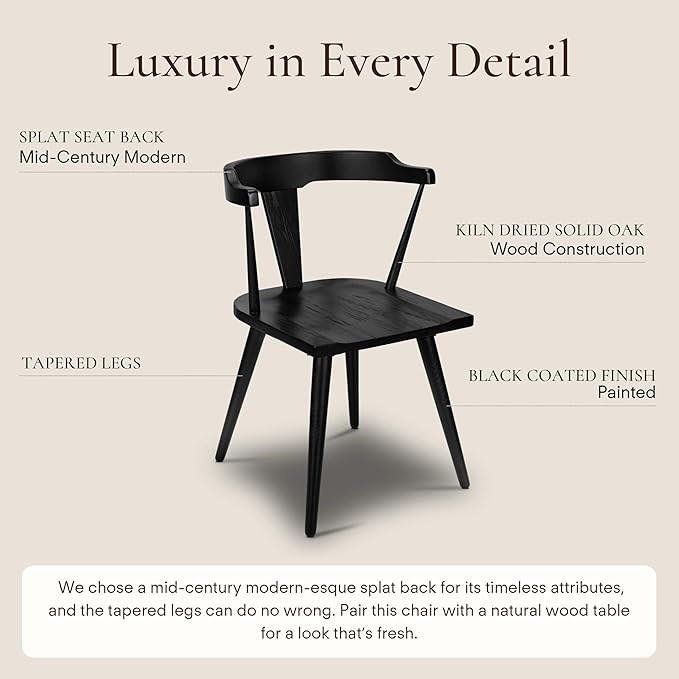 POLY & BARK Mid Century Modern Enzo Black Dining Chair – Solid Oak Wood Splat Back Chair, 18" Seat Height, 32" Tall – Stylish MCM Kitchen & Dining Room Chair - Set of 4