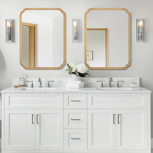 WallBeyond 30" x 40" Rounded Corner Arch Wall Mirror with Wood Frame for Entryway, Living Room or Bedroom Home Decor - Light Woodgrain [30 x 40 inches, Natural Color]