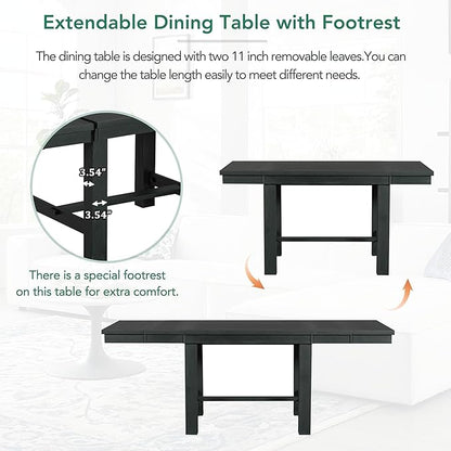 Ball & Cast Farmhouse 6 Piece Extendable Dining Table with Footrest,Living Room Furniture w/ 4 Upholstered Dining Chairs & Dining Bench,2 11" Removable Leaf,for Dining Room & Kitchen,Black+Beige