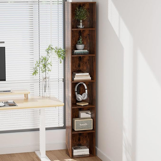 Tall Narrow Bookshelf 6-Tier Bookcase,70.5" Skinny Thin Corner Shelf Slim Storage Cabinet,Wood DVD CD Media Cube Organizer Tower Rack for Small Spaces, Bedroom, Living Room, Office,Brown
