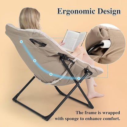 Comfy Saucer Chair for Adults, Soft Faux Fur Bedroom Chair with Ottoman, Accent Dorm Chairs, Living Room Reading Chairs and Footstool, Folding Lounge Seat for Teens, X-Large, Light Khaki