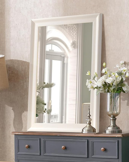CULER White Wood Wall Mirror for Bathroom,Rectangle Rustic Beige 24 x 36 inch Hanging Vanity Ivory Mirrors with Wooden Frame for Living Room,Bedroom,Entryway