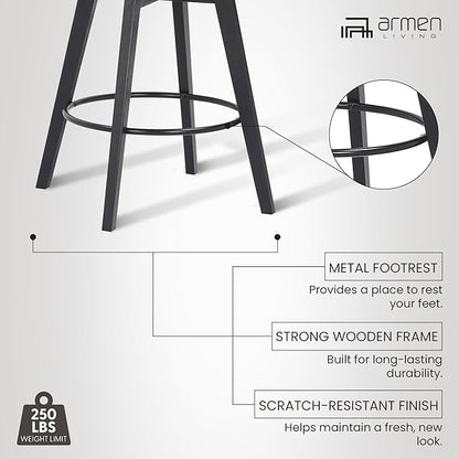 Armen Living Baylor Mid Century Modern Swivel Bar Stool for Kitchen Island Counter in Gray Faux Leather and Black Wood, 26" Seat Height