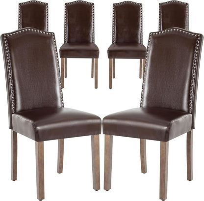 Stylish Upholstered Parsons Dining Chair PU Faux Leather with Silver Nailhead Trim and Sturdy Solid Wood Legs
