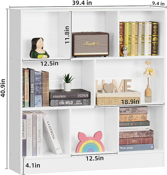 YAHARBO White 3 Tier Bookshelf,Wide Modern Horizontal Bookcase,Wood Low Book Shelf,Wide Display Storage Cabinet with Base,Floor Standing 8 Cube Large Bookcases Organizer for Bedroom,Living Room,Office