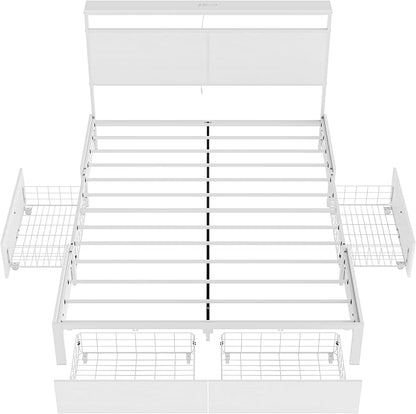Queen Bed Frame with 4 Storage Drawers Bed Frame Queen Size with Headboard LED Lights Charging Station Metal Slats Platform Heavy-Duty Support No Box Spring Needed White