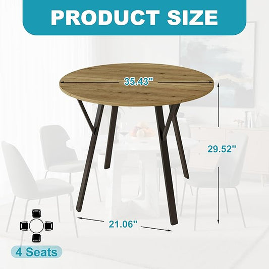35" Round Dining Table for 4, Modern Small Circle Dinner Table Farmhouse Round Kitchen Tables with Metal Legs for Dining Room, Kitchen, Living Room, Light Brown & Black