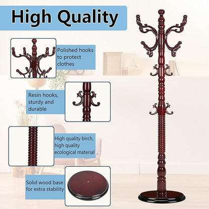Solid Wood Coat Rack, Coat Racks Free Standing with 14 Hooks, Vintage Coat Rack with Stable Disc Base, Adjustable Height 73 in for Porch, Living Room, Bedroom, Office (Redwood Color)