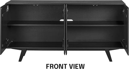 NTC Sapa Mid-Century Modern Solid Wood Sideboard – 4-Door Accent Buffet Cabinet with Carved Geometric Fronts, for Living Room, Dining Room, or Entryway, Effortless Assembly, Burnt Black