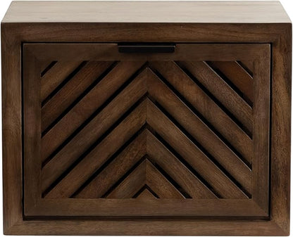 Kate and Laurel Mezzeta Modern Floating Shelf Side Table with Storage Cubby; 16 x 10 x 12; Natural Wood; Decorative Slatted Wood Floating Nightstand with Pull Down Door for Use as Bathroom Storage