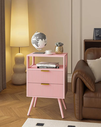Pink Nightstand,Modern Bedside Table with 2 Storage Drawer and Open Wood Shelf, for Bedroom and Small Spaces,Night Stand with Solid Wood Legs