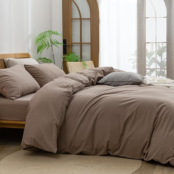 BESTOUCH Duvet Cover Set 100% Washed Cotton Linen Feel Super Soft Comfortable Chic Lightweight 3 PCs Home Bedding Set Solid Pine Bark Brown Oversized King