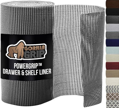 GORILLA GRIP powerGRIP Drawer Shelf and Cabinet Liner, Thick Strong Hold, Non-Adhesive Liners Protect Kitchen Cabinets and Cupboard, Bathroom Drawers, Easy Install, Breathable Mat, 17.5" x20', Gray