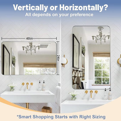 Brushed Nickel Bathroom Mirror, 24x40 Rounded Rectangle Mirror Modern Bathroom Vanity Mirror with Rustproof Alloy Aluminum Frame, Wall Mounted Vertically/Horizontally