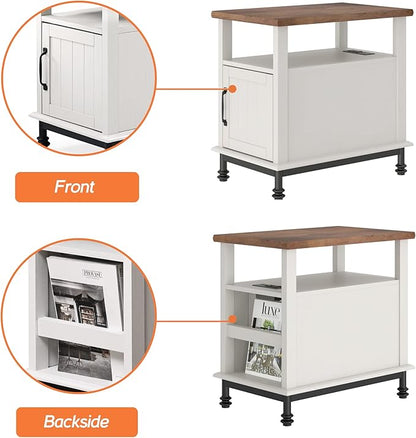 WAMPAT Narrow End Table with Charging Station, Farmhouse Side Table with Open Storage & Storage Cabinet for Living Room, Wooden Nightstand for Bedroom with Metal Legs, White/Oak