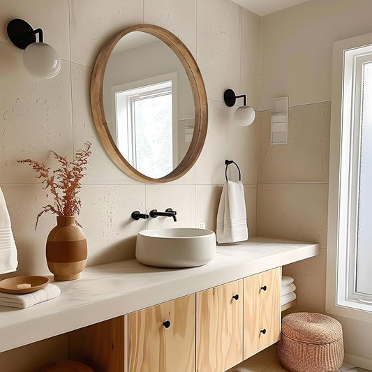 36" Bathroom Mirror, Round Wall Mirror with Wood Frame, Farmhouse Mirror for Wall Decor, Wall-Mounted Mirror for Bedroom, Living Room, Brown