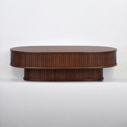 NTC Stream DOU Coffee Table, Modern Double-Layer Oval Wooden Center Table with Vertical Groove Design, Stylish Living Room Decor, Contemporary Minimalist Style, Easy Assembly - Dark Walnut