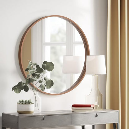 HOMECOOKIN Round Wood Mirror, 24" Round Bathroom Wall Mirror Circle Mirrors for Wall Decor, Vanity, Living Room, Bedroom, Entryway, Walnut
