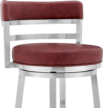 Armen Living Madrid 26" Seat Height Swivel Modern Red Faux Leather and Brushed Stainless Steel Bar Stool for Kitchen Island Counter