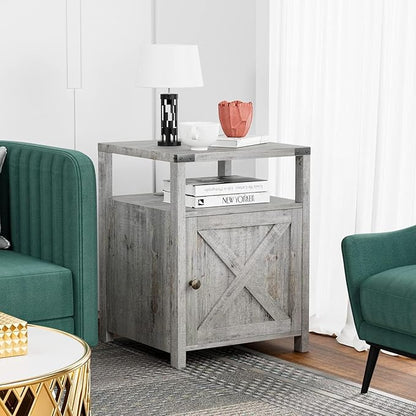 Farmhouse Nightstand Set of 2, Rustic End Table with Storage, Bedroom Night Stand, Industrial Bedside Table with USB Ports and Outlets, 17.7 x 17.7 x 23.6 inches, Grey