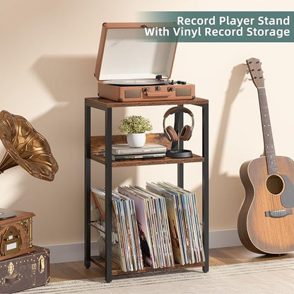 LELELINKY Record Player Stand, 3-Tier End Side Table with Vinyl Record Storage, Vinyl Record Holder Up to 120 Albums, Turntable Stand with Vinyls Storage for Music Living Room, Brown