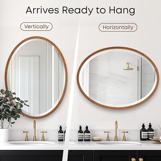 OVALCREST - Oval Wooden Beveled Wall Mirror for Home Decor, Bathroom, Vanity, Bedroom, Living Room, Hallway - London Style (Sunset Gold) 13.1 x 17.1