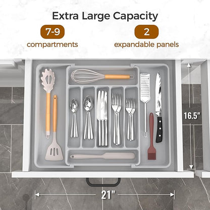Extra Large Expandable Silverware Organizer, BPA-Free Food-Safe Cutlery Flatware Organizer, Kitchen Utensil Drawer Organizer, Adjustable Silverware Holder for Spoons Forks Knives, Gray