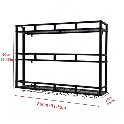 Metal Wine Rack Wall Mounted, Bar Shelves for Liquor Bottles with LED Light, 3 Tier Large Capacity Liquor Rack Wall Mounted with Glass Holder for Home Bar & Dining Room （Black, 31in/80cm）