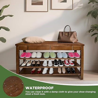 Wood Shoe Bench Entryway with Drawer: 3-Tiers Wooden Storage Shoe Rack with Bench Seat, Compact Mid-Century Modern Design for Entryway,Hallway, Closet,Front Door Entrance,Foyer Walnut 39.3"