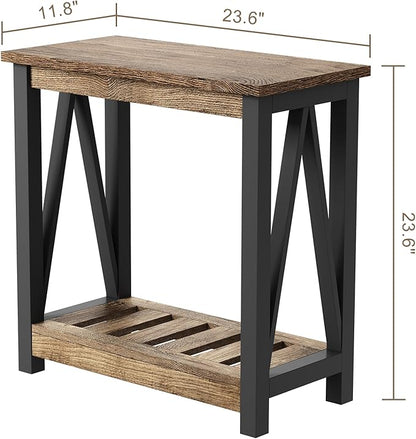 ChooChoo Farmhouse End Table, Narrow Side Table, Slim End Table with Storage Shelf for Small Spaces for Living Room, Bedroom Rustic Oak & Black