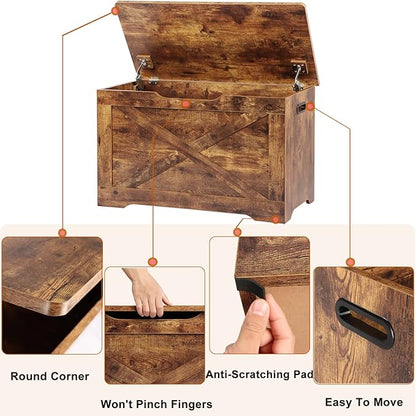 Storage Chest, Wooden Storage Bench, Entryway Shoes Bench with 2 Safety Hinges, Retro Storage Trunk for Living Room, Bedroom, 15.7 x 31.5 x 18.9 Inches, Rustic Brown