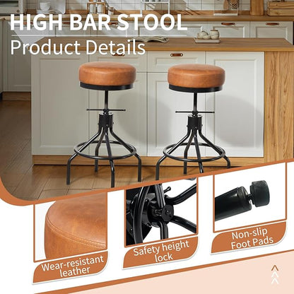 Industrial Bar Stools Set of 3 Adjustable Swivel Barstools Modern PU Leather 28inch Round Backless Counter Height Stool Metal Bar Chair for Kitchen Island (3, Brown)