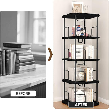 4-Tier Rotating Book Shelf, 360° Display Spinning Bookshelf Tower, Book Organizer, Floor Standing Bookcases for Small Space, Corner Book Shelf for Bedroom, Living Room, Study Room (Black)