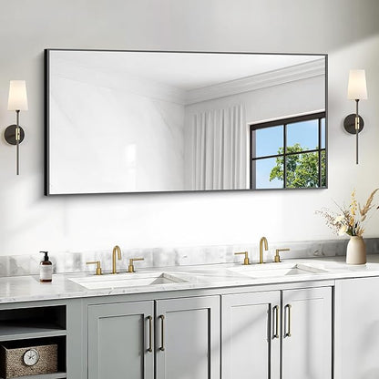 24x48 Inch Large Black Mirror for Bathroom, Black Framed Bathroom Mirror, Bathroom Mirror for Wall Over Sink, Rectangle Wall Mirror for Living Room, Bedroom, Bathroom, Hangs Horizontally or Vertically