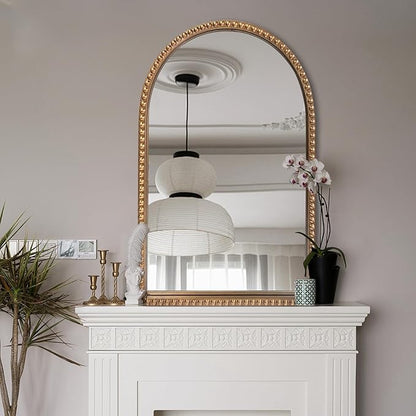 Traditional Wall Mirror Vintage Gold, 24" x 40" Tall Narrow Arch Antique Beaded Frame Decorative Accent Vanity Wall Decor, Arched Vertical Mirrors for Bathroom, Living Room, Entryway