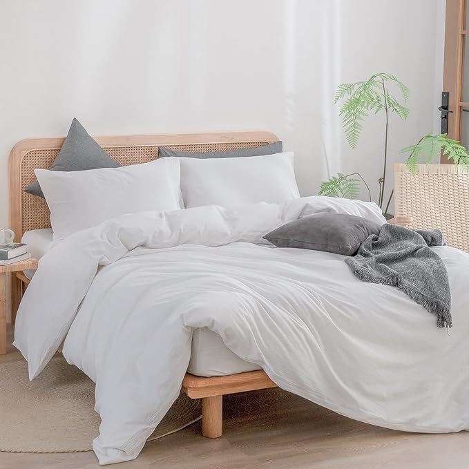 BESTOUCH Duvet Cover Set 100% Washed Cotton Linen Feel Super Soft Comfortable Chic Lightweight 3 PCs Home Bedding Set Solid Bright White Super Queen