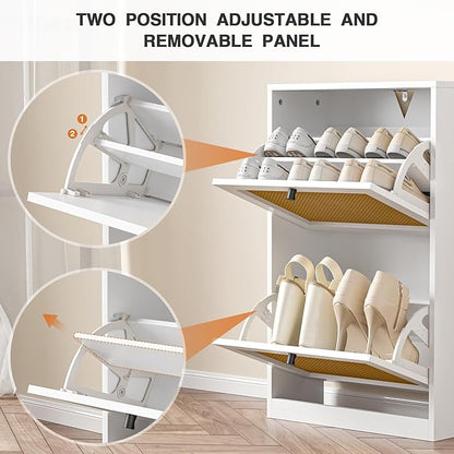 Shoe Storage Cabinet for Entryway with 2 Flip Drawers, Narrow Wood Shoe Cabinet with Rattan Panel, Freestanding Hidden Shoe Organizer for Foyer, Hallway, Small Space (White)
