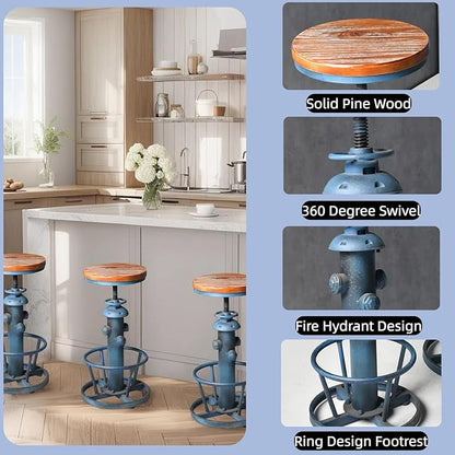 Retro Bar Stool Industrial Swivel Counter Stools for Kitchen Island 24.8-30.7inch Height Adjustable Vintage Fire Hydrant Design Coffee Stools Farmhouse Dining Chairs